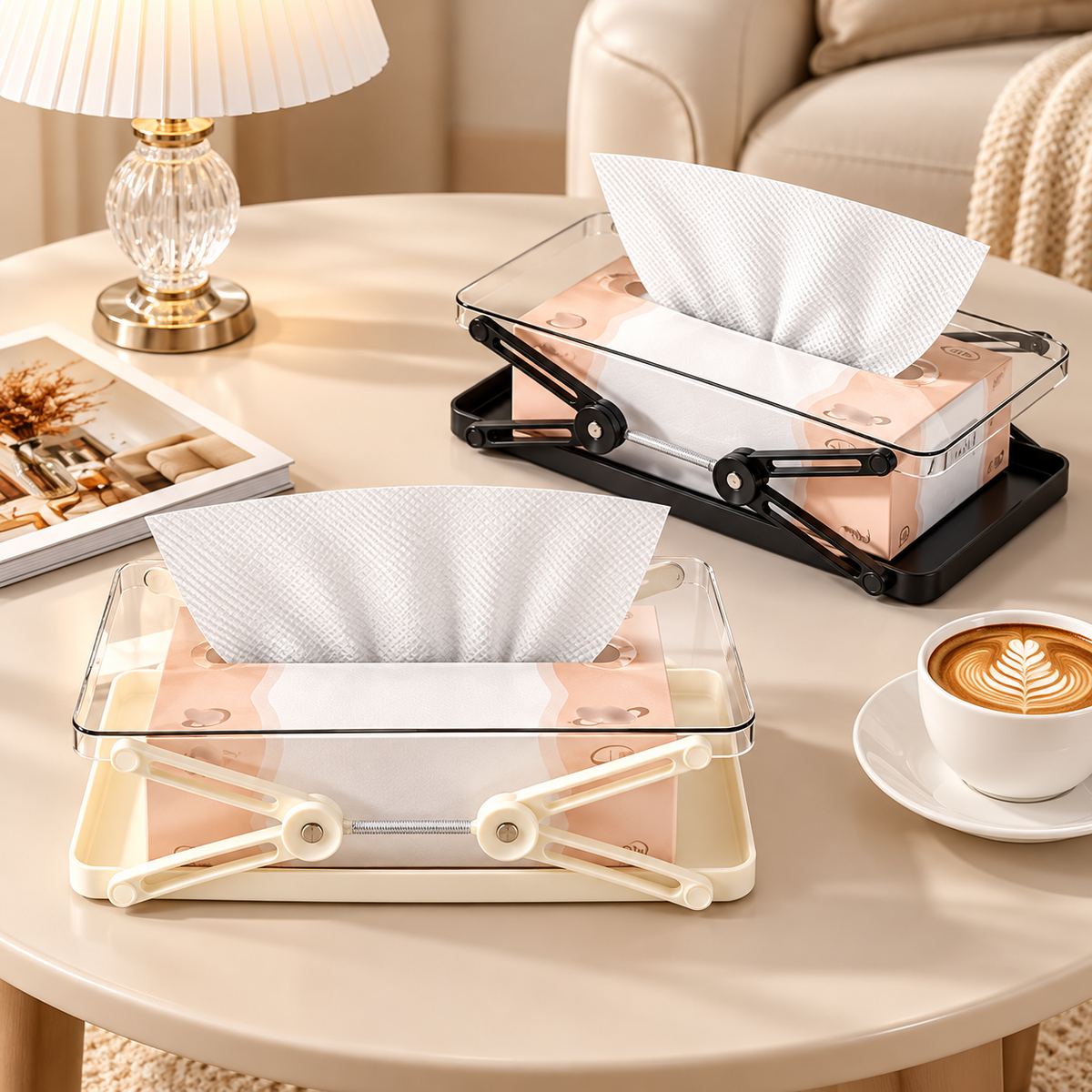 Adjustable Tissue Box Holder with Spring Lift