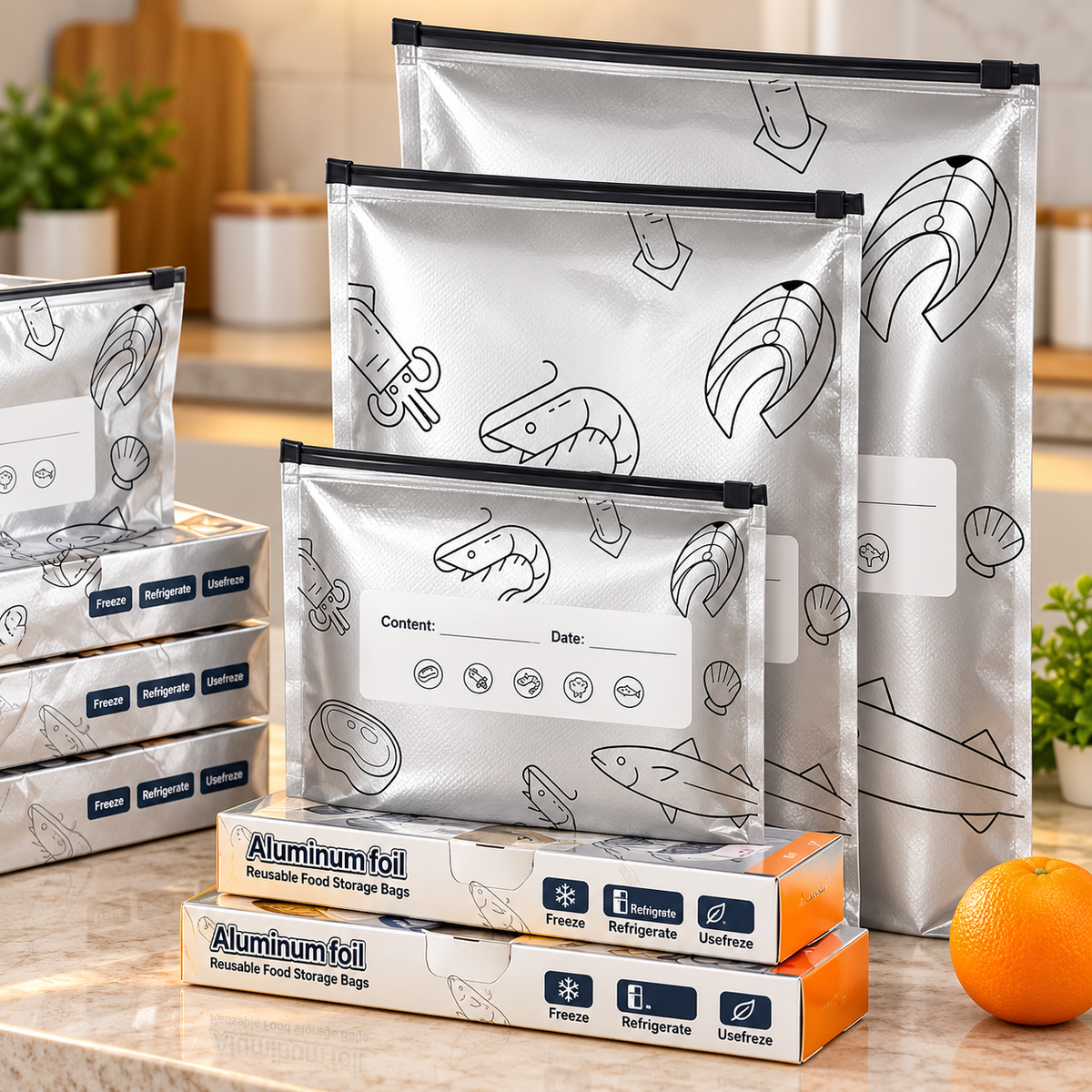 Reusable Aluminum Food Storage Bags with Zipper Seal