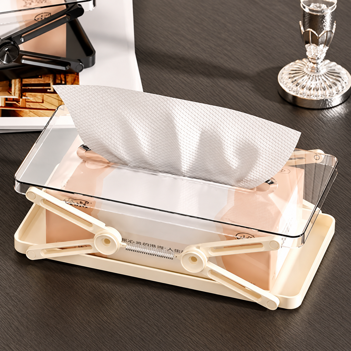 Adjustable Tissue Box Holder with Spring Lift