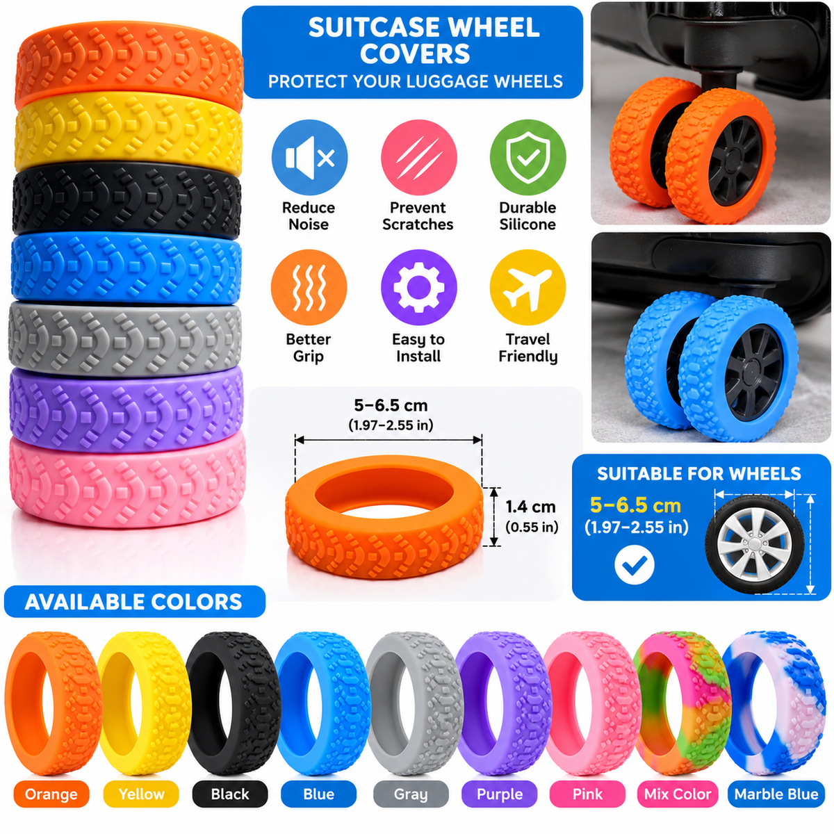 Silicone Suitcase Wheel Covers – Anti-Scratch Travel Protectors