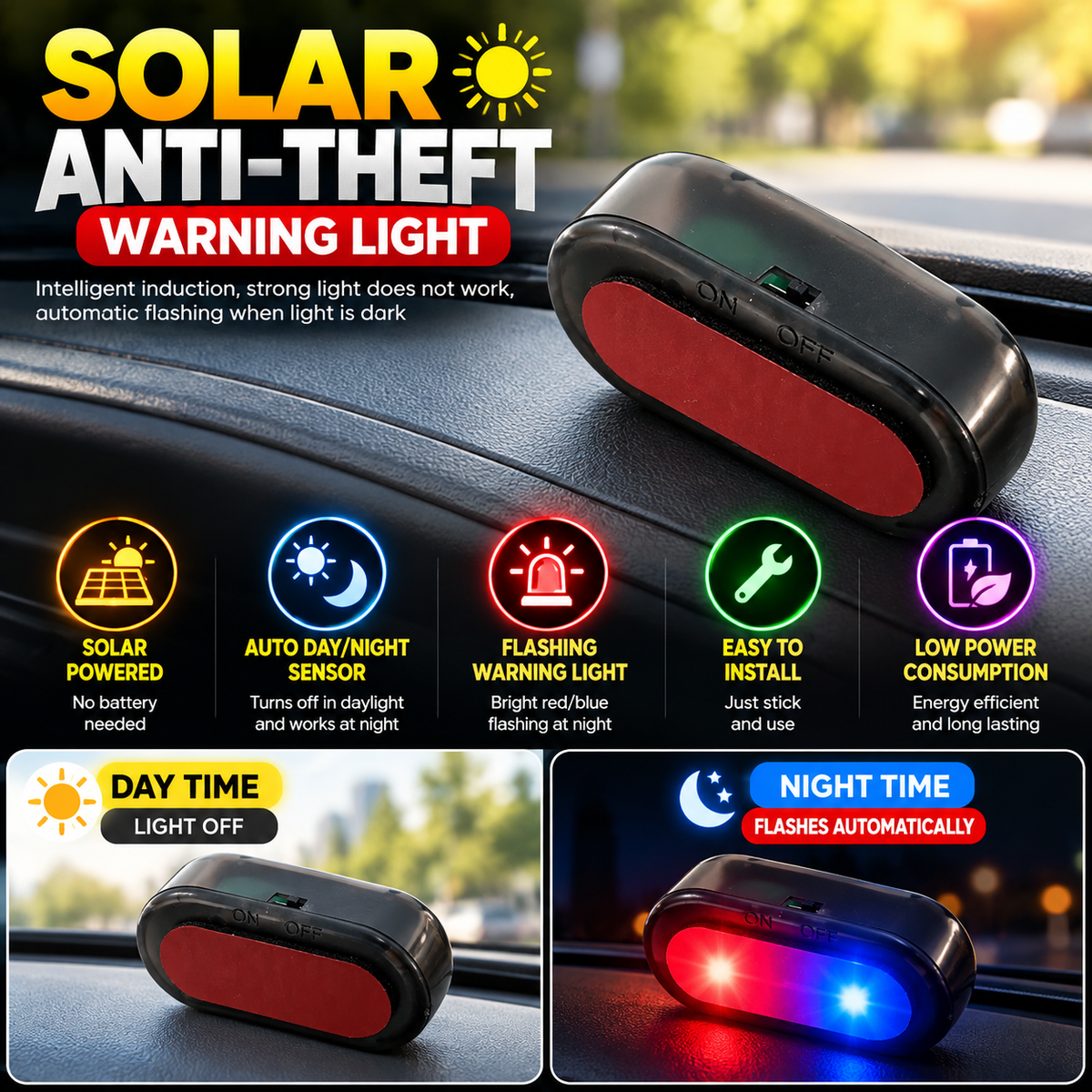 Solar Anti-Theft Warning Light for Cars