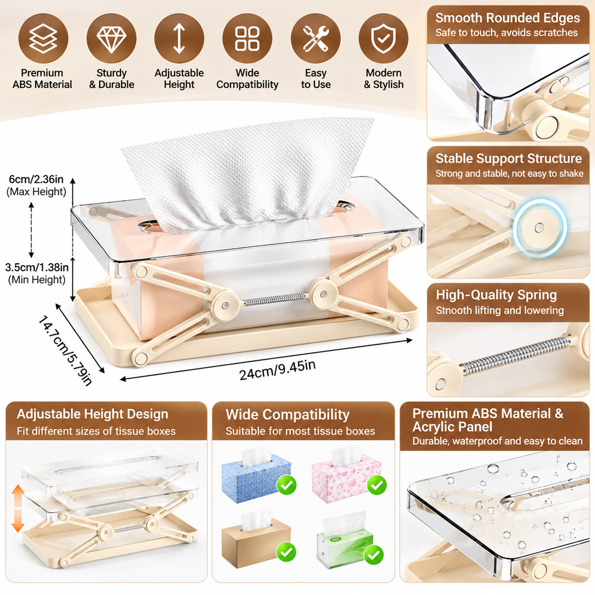 Adjustable Tissue Box Holder with Spring Lift