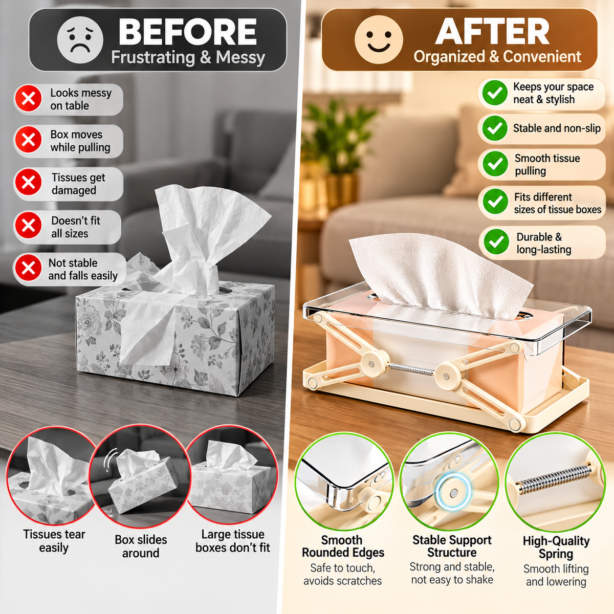 Adjustable Tissue Box Holder with Spring Lift