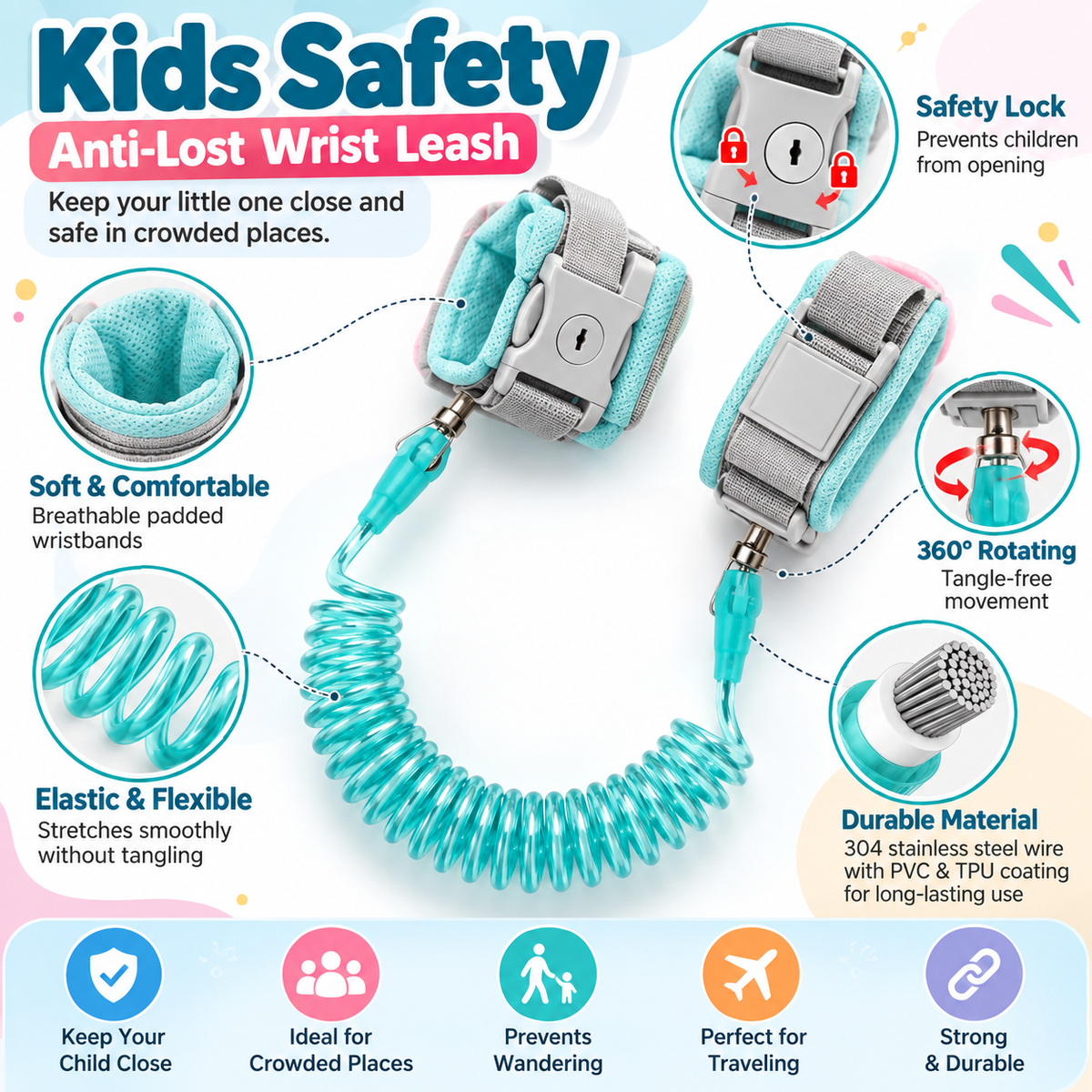 Kids Safety Anti-Lost Wrist Leash – Adjustable Child Safety Strap