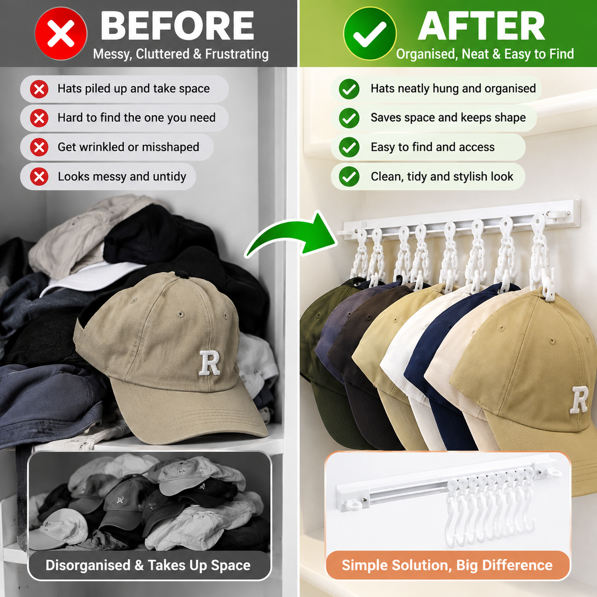 Adjustable Wall Mounted Hat & Clothes Hanger Rack – Space Saving Storage Organiser