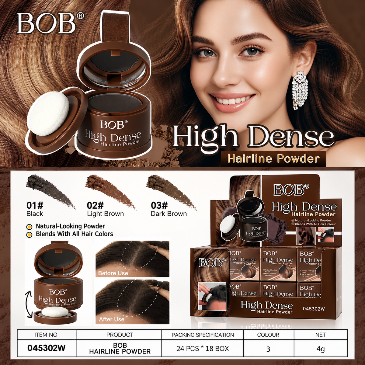 BOB High Dense Hairline Powder – Hair Concealer 3 Shades