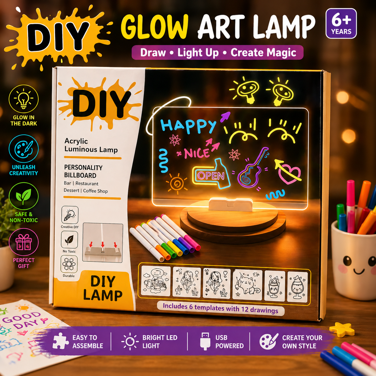 DIY Acrylic LED Writing Board – Glow Drawing Lamp with 7 Pens