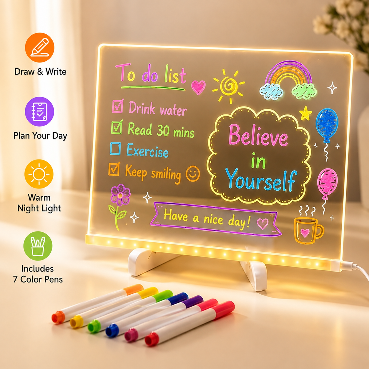 DIY Acrylic LED Writing Board – Glow Drawing Lamp with 7 Pens