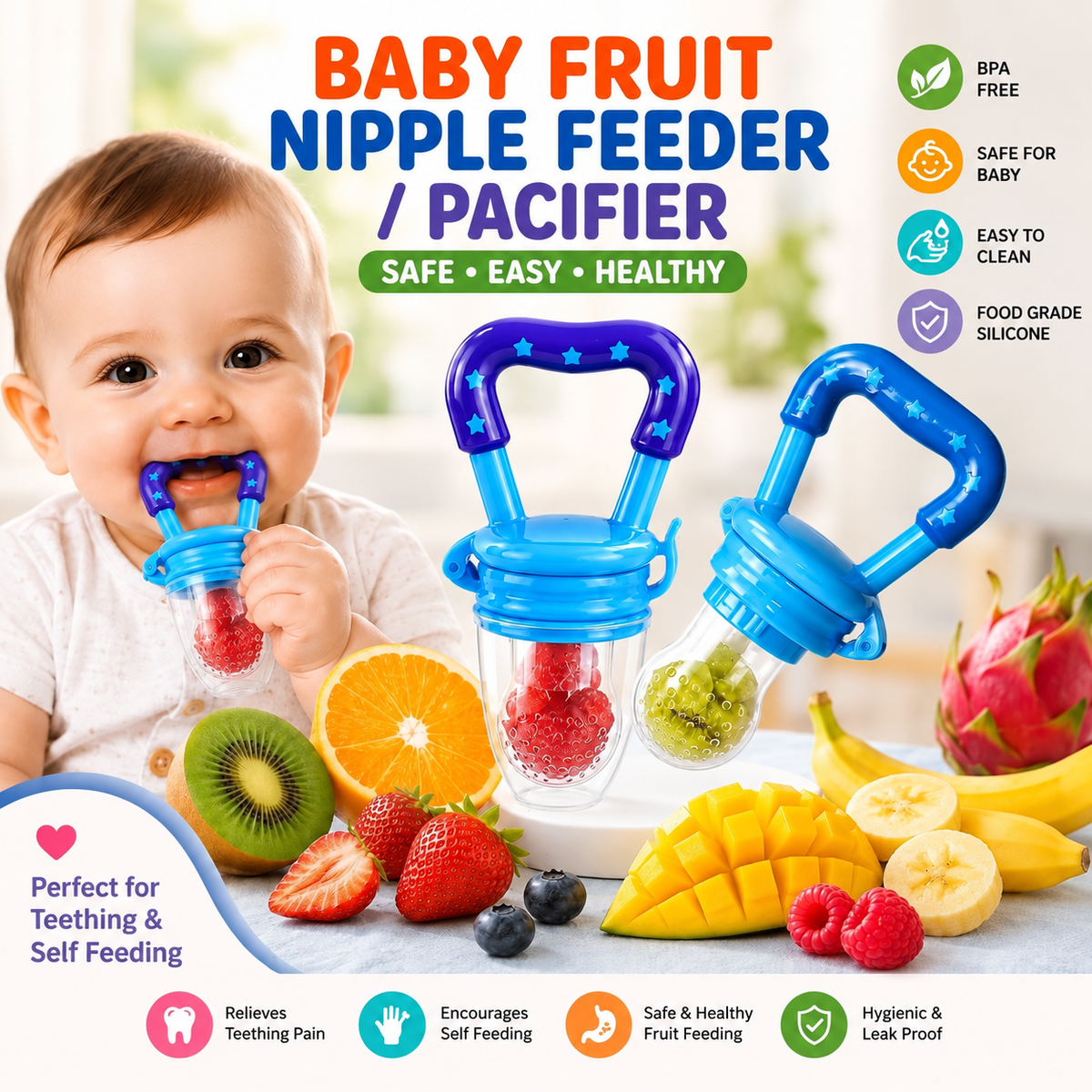 Baby Fruit Feeder Pacifier – Silicone Fresh Fruit Teething & Feeding Nibbler