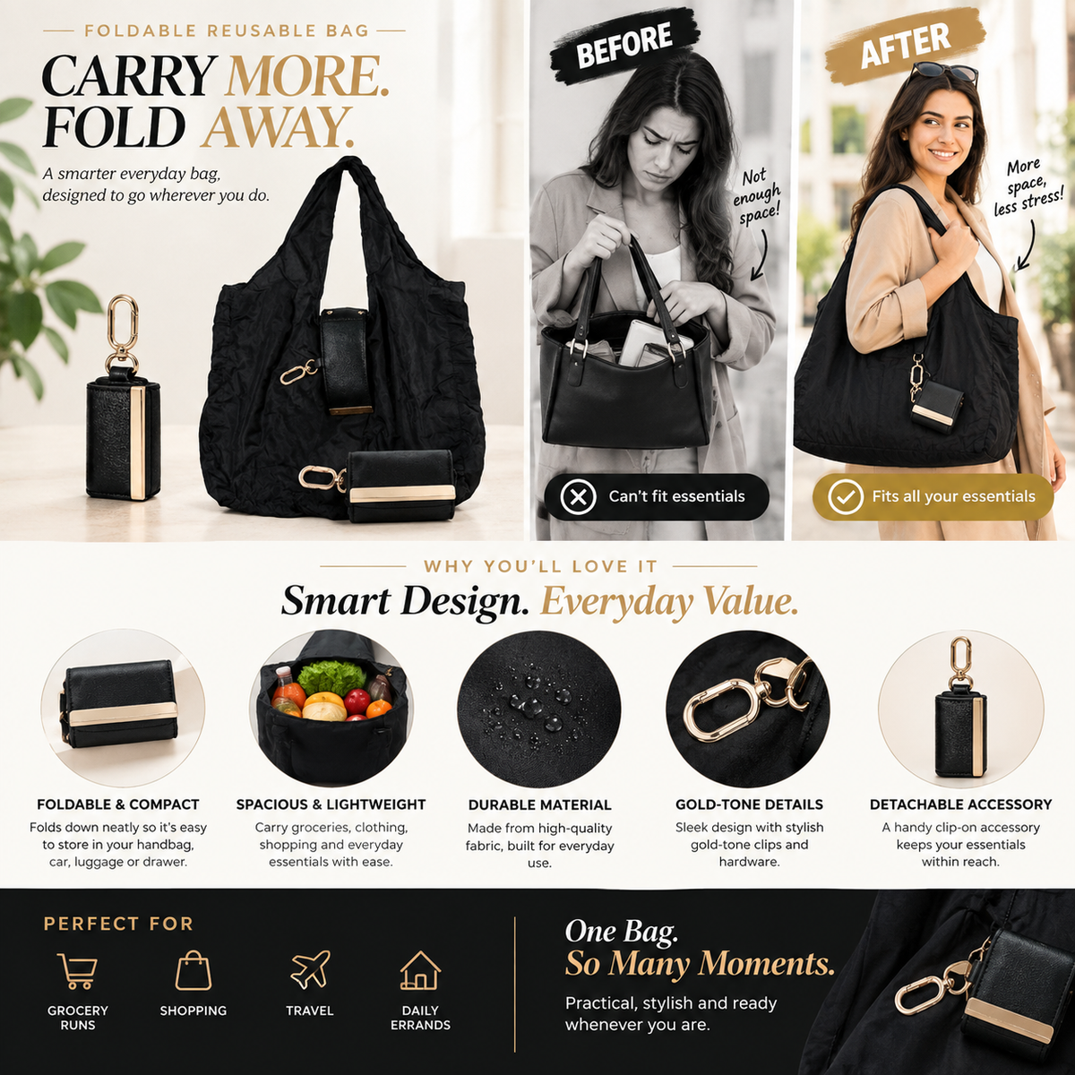 Foldable Tote Bag with Clip-On Case